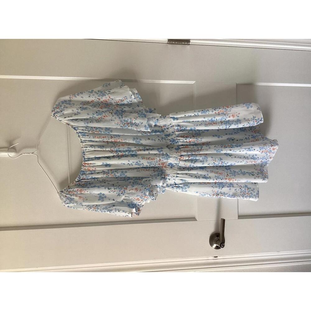 Floral Off‎ Shoulder Romper Women’s Med Blue Summer Short Sleeve Casual Cute
